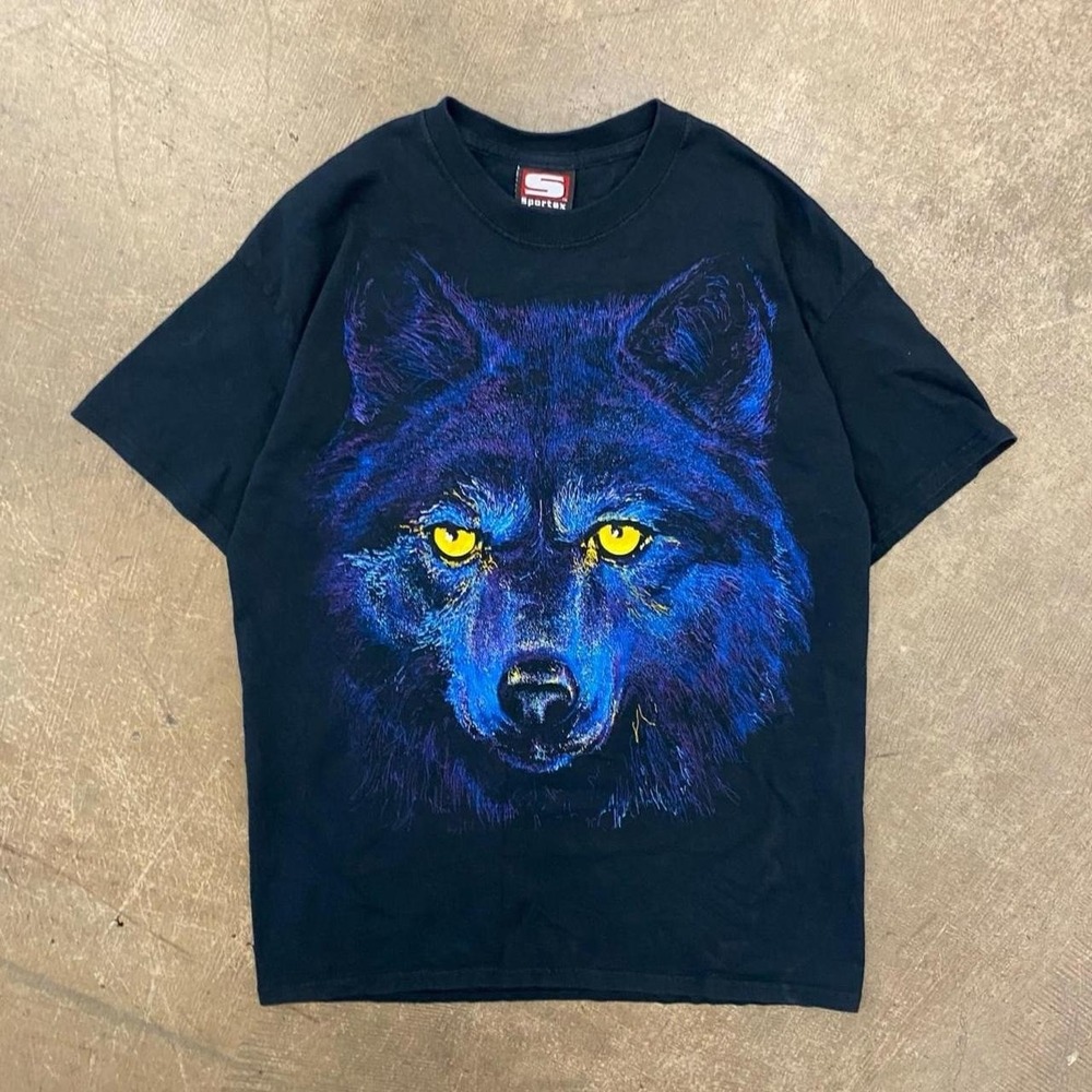 Vintage Wolf Face 90s Blue AOP Sportex Nature T-Shirt Medium